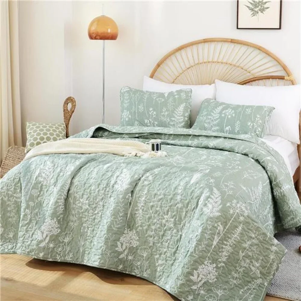 Quilts Queen Size Sage Green Quilt Botanical with Floral Pattern